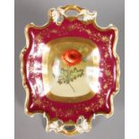 A SQUARE TWO HANDLED DISH, rich red and gilt border, the centre painted with a rose. Pattern No.