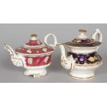 TWO LARGE TEAPOTS AND COVERS, one blue and gilt, the other pink and gilt. Pattern No. 3994, Col