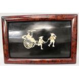 AN EARLY 20TH CENTURY JAPANESE MOTHER-OF-PEARL & BONE ONLAID RECTANGULAR FRAMED LACQUER PLAQUE,