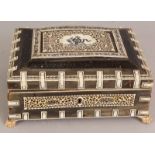 A 19TH/20TH CENTURY INDIAN VIZAGAPATUM STYLE IVORY & HORN RECTANGULAR BOX, with hinged cover and