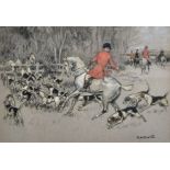 Robert Hugh Buxton (1871-c.1965) British. Huntsmen with Hounds, Charcoal and Wash, Signed, 11" x