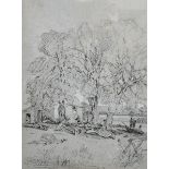 Thomas Lound (1802-1861) British. 'Figures beside a Cottage', Pencil, Heightened with White on
