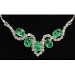 A CHRISTIAN DIOR SILVER, "EMERALD AND DIAMOND" NECKLACE, CLUSTER RING AND EAR CLIPS.