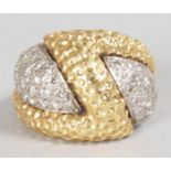 AN UNUSUAL 18CT YELLOW GOLD AND PAVE SET DIAMOND RING, CIRCA 1960.