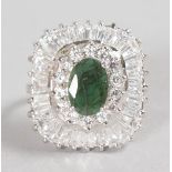 A LOVELY SILVER SET, "EMERALD" AND BRILLIANT SET DRESS RING.