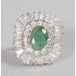 A LOVELY SILVER SET, "EMERALD" AND BRILLIANT SET DRESS RING.