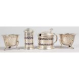 A SMALL PAIR OF CIRCULAR SALTS, Chester 1912, a pepperette and a mustard pot both with sapphire blue