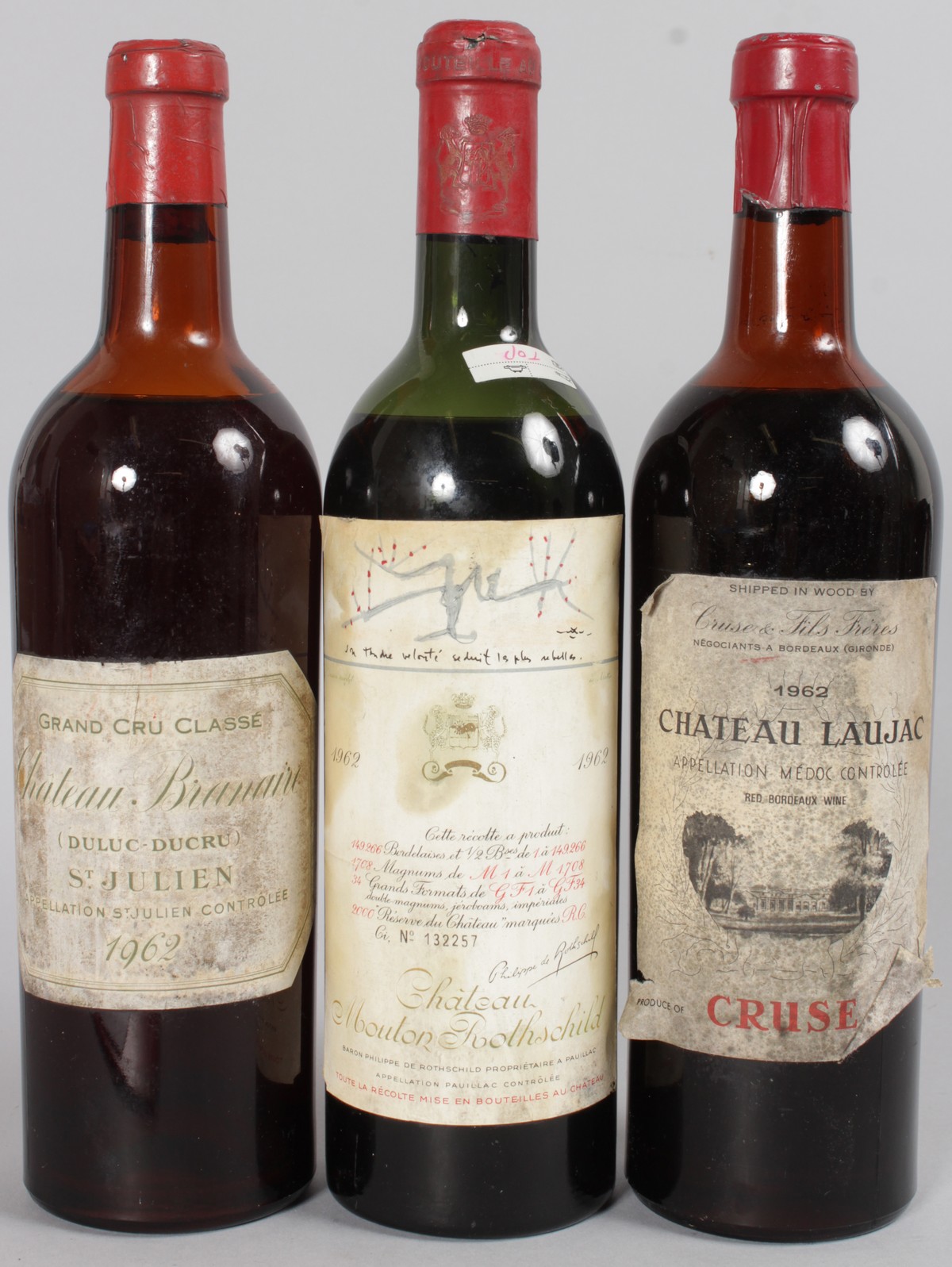 CHATEAU MOUTON ROTHSCHILD, 1962, 1 bottle; CHATEAU BRANAIRE, 1962, 1 bottle; CHATEAU LAUJAC, 1968, 1