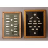 A GROUP OF 34 FRAMED 18TH/19TH CENTURY CHINESE EXPORT ENGRAVED MOTHER-OF-PEARL GAMING COUNTERS, in