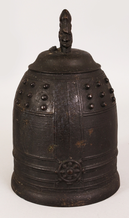 A 19TH CENTURY CHINESE BRONZE MODEL OF A TEMPLE BELL, the shoulders cast in relief with studs, 5. - Image 2 of 8