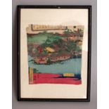 A 19TH/20TH CENTURY FRAMED JAPANESE PRINT ON CREPE PAPER, depicting a riverside settlement, the