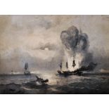 19th Century English School. A Seascape, with a Blazing Ship by Moonlight, Watercolour, Unframed,