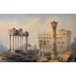 19th Century English School. A Landscape with Classical Ruins, Watercolour, Unframed, 13.5" x 21".