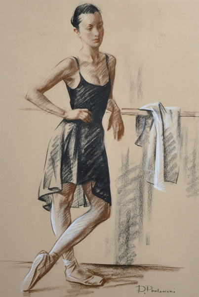D... Pavlenski (20th Century) Russian. 'The Bar', a Ballet Dancer Standing by a Bar, Chalk,