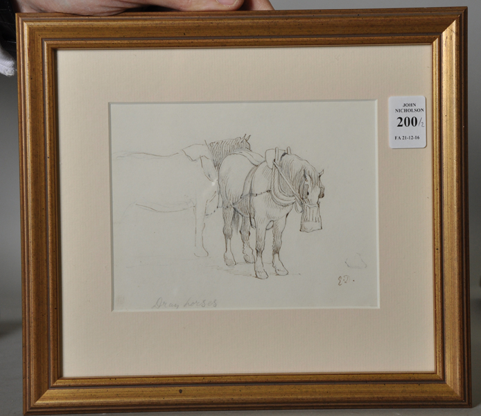 Edward Duncan (1803-1882) British. "Dray Horses", Ink and Pencil, Signed with Initials and - Image 2 of 6