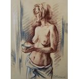 D... Pavlenski (20th Century) Russian. A Semi Naked Girl, Holding a Bowl, Chalk, Signed, 19.25" x