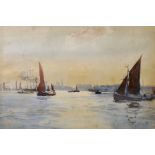 20th Century English School. Shipping in a River, Watercolour, Indistinctly Signed, 9.5" x 14".