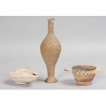 THREE SMALL ANTIQUITIES, AN OIL LAMP, 4ins long, A VASE, 6.5ins, and A BOWL, 2.25ins diameter.