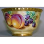 A ROYAL WORCESTER FRUIT PAINTED GADROON BORDERED BOWL, signed by A. Bayley, black mark.