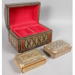 A LARGE MOORISH DOMED BOX AND COVER, 11ins long, and TWO SMALLER BOXES, 6ins.