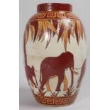A MATCHING ART DECO DESIGN VASE painted with elephant and key pattern rings. 12ins high.