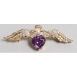 AN 18CT YELLOW GOLD, DIAMOND AND PEARL BROOCH set with amethyst and diamond set wings.