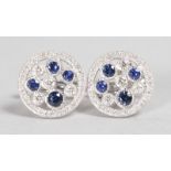 A FINE PAIR OF 18CT WHITE GOLD, SAPPHIRE AND DIAMOND CUFFLINKS.