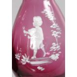 A PAIR OF MARY GREGORY RUBY VASES painted with a boy and girl. 13ins high.