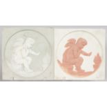 A PAIR OF TILES DEPICTING WINTER, cupid before a fire. 7.5ins.