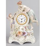 A 19TH CENTURY "MEISSEN" TYPE PORCELAIN MANTLE CLOCK, the case with classical young lady and