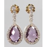 A LOVELY PAIR OF AMETHYST AND DIAMOND DROP EARRINGS, 5CT AMETHYST AND 1.2CT DIAMOND.