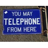 SUPERB OLD DOUBLE SIDED ENAMEL SIGN 'YOU MAY TELEPHONE FROM HERE' WITH WALL MOUNTING BRACKET