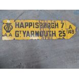 OLD AA ROAD SIGN 38"X10" A149 HAPPISBURGH 7, GT YARMOUTH 25