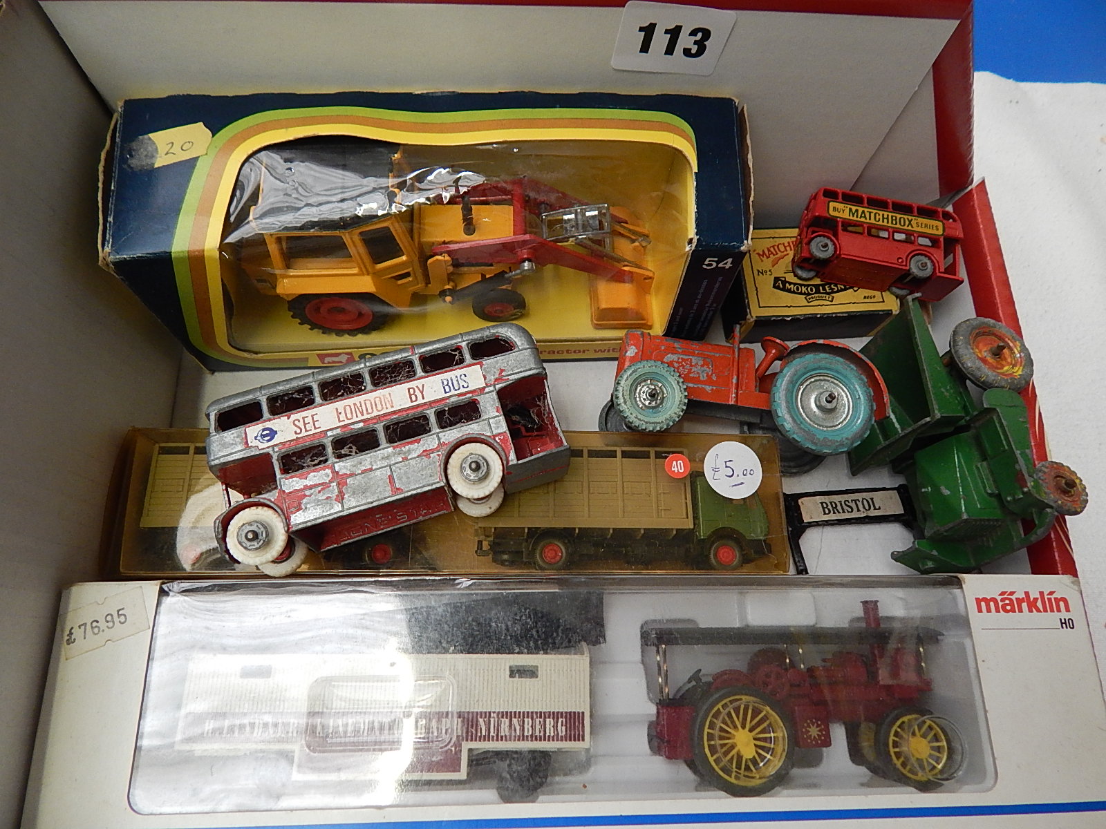 CORGI BOXED 54 MF 50 TRACTOR, CONDON DUMP TRUCK, MATCHBOX NO 5 BUS ETC