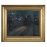 1024 William Frederick Stecher (1864-1940 East Milton, MA) Night scene at a train station, signed