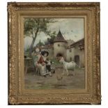 1196 Emile Auguste Pinchart (1842-1924 French) Mother and son feeding goats, signed lower right: