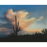 1160 Ray Hare (1950-* Orange County, CA) Cactus in a sunset, unsigned, unframed acrylic on canvas,