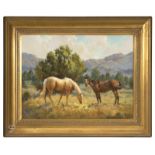 1181 Shawn Cameron (1950-* Prescott, AZ) Two horses at pasture, one palomino, one bay, signed