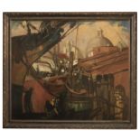 1025 20th Century American School Ship at dock with sailors, appears unsigned, oil on canvas laid to