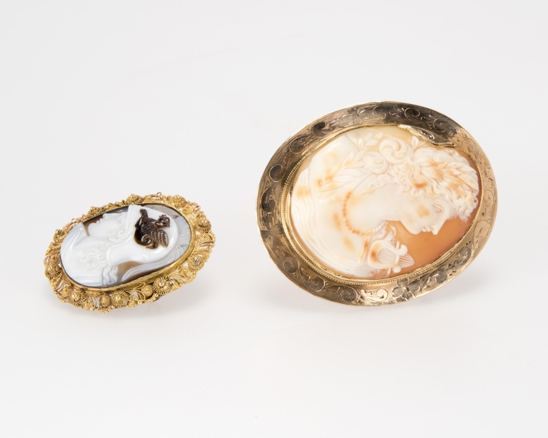 Two antique gold cameo brooches