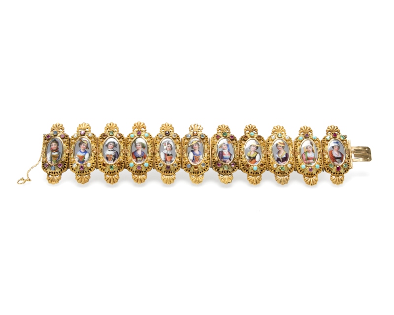 An antique Swiss gemstone and Geneva enamel bracelet