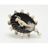 An antique agate cameo, pearl and diamond pendant