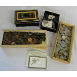 2 wooden boxes full of GB coins, 2 money