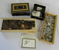 2 wooden boxes full of GB coins, 2 money