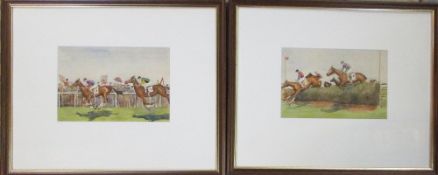 Pair horse racing watercolours with sign