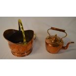 Copper and brass kettle and bucket