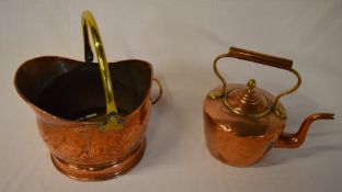 Copper and brass kettle and bucket