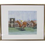 Watercolour of a horse racing scene with