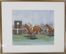 Watercolour of a horse racing scene with