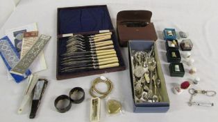 Assorted silver plate, thimbles, bookmar